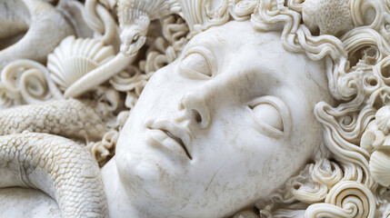 Sticker - A carved marble statue of the beautiful Medusa, the Gorgon of the greek mythology