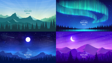 Wall Mural - set of vector night landscapes. the moon in the dark sky above the mountain ranges, sunrise, silhoue
