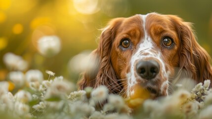 Wall Mural -  A sad-looking dog closely gazes at the camera amidst a field filled with blooming flowers