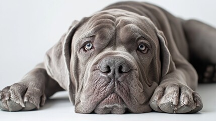 A close-up of a relaxed, gray dog with expressive eyes resting on a surface.