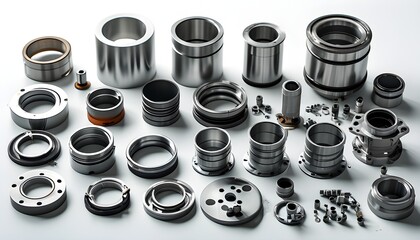 Organized Display of Industrial Components with Metal Cylinders, Tubes, and Mechanical Parts on a Clean White Background