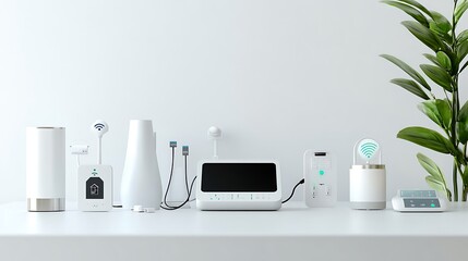 A smart home device hub on a clean white desk, with various sensors and controls connected, displayed with sharp clarity and a plain solid color background