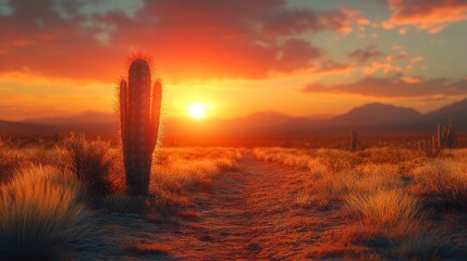 Canvas Print - Sunset in the Desert with a Single Cactus