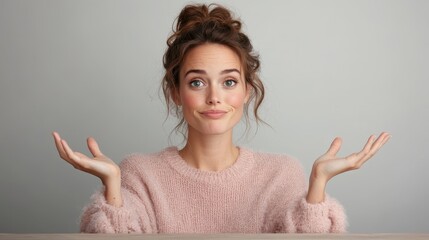 Woman wearing a pink fuzzy sweater makes a shrugging gesture with a confused face, standing against a simple grey background, showcasing human emotion and casual fashion style.