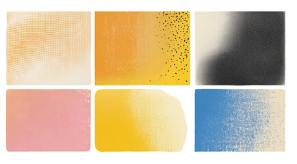 Textured halftone style backgrounds set. Abstract art with organic shapes, pattern with vibrant geometric shapes in bright colors with lines and dots cut isolated on transparent background.