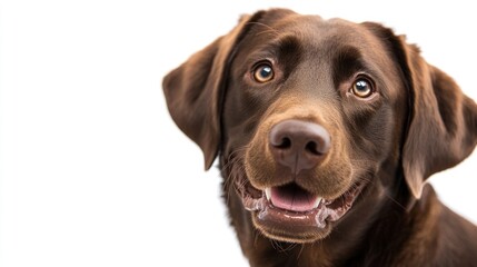 A close-up of a smiling brown Labrador Retriever, showcasing its friendly expression.