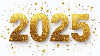 The background is white with glittering numbers and gold glitter sprinkles in celebration of the new year 2025.