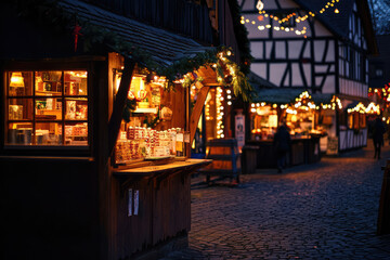 A magical German Christmas market, illuminated with twinkling lights, inviting you to enjoy the festive atmosphere and browse the stalls.