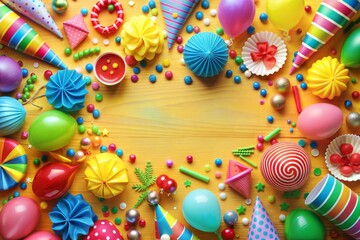 Wall Mural - Colorful birthday party decorations with balloons and confetti on wooden table