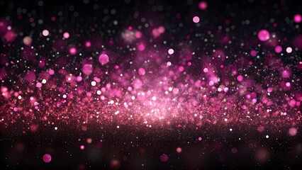 Wall Mural - Abstract pink-focused glitter holiday panorama background on black. Falling shiny sparkles. New Year Christmas glowing backdrop. Pink glitter christmas abstract bokeh background