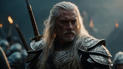 a warrior with long white hair