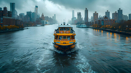 Wall Mural - Ferry Boat on the Water with City Skyline in Background - Realistic Photo