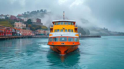 Wall Mural - Orange Ferry Boat Approaching Harbor with Foggy Coastal City Background - Photo