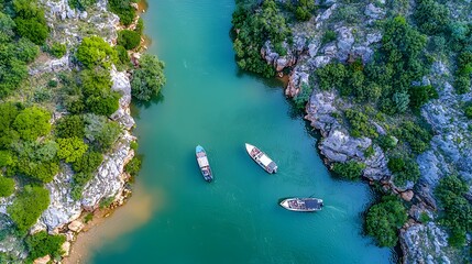 Aerial view of serene blue waters with boats nestled among lush green cliffs.