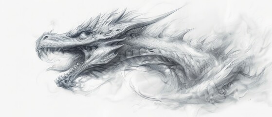 Wall Mural -  A monochrome image of a dragon's headed, exuding copious amounts of smoke from its maw