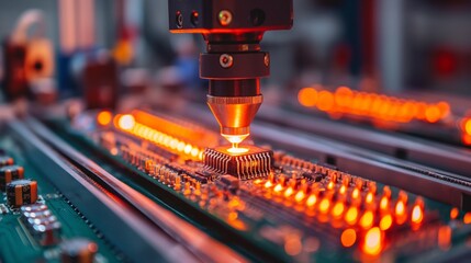 Precision machine soldering a microchip onto a circuit board in advanced manufacturing.