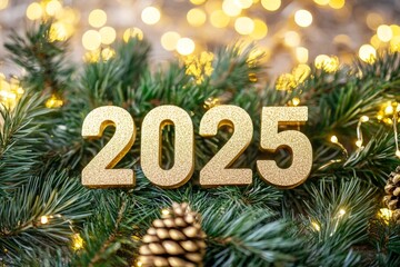 A Christmas tree with digits 2025 surrounded by decorations for the new year