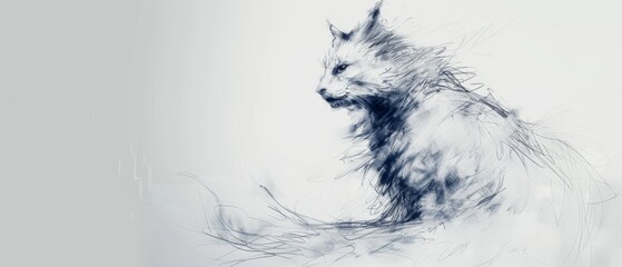 Wall Mural -  A crisp black-and-white shot of a cat's head and tail Background features a softly blurred cat form