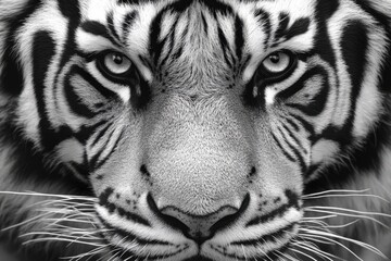 Black And White Tiger: Bold Contrast Close-Up of Tiger Face, Power and Beauty in Focus