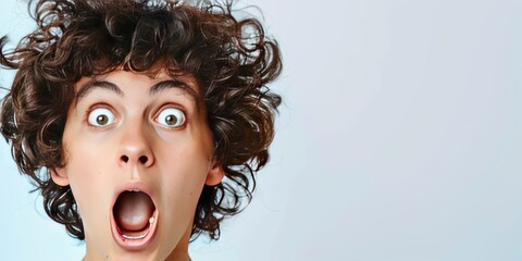 Shocked young man with curly hair and wide open mouth.