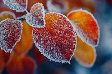 Wall Mural - A Close-Up of Frost-Covered Autumn Leaves