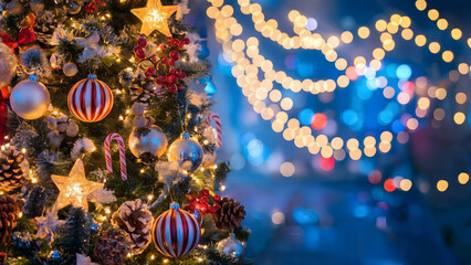 Glowing Christmas Tree with Ornaments and Twinkling Bokeh Lights in a Festive Holiday Setting