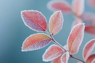 Poster - Delicate Frost-Covered Leaves on a Branch