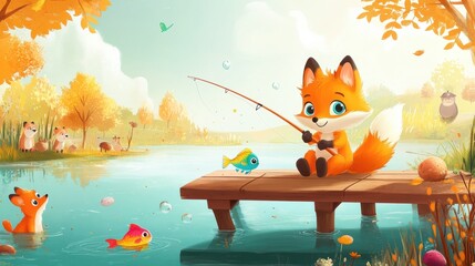 Cute cartoon fox fishing in a calm pond, sitting on a wooden pier with a colorful fish splashing in the water, while other animals watch from the shore