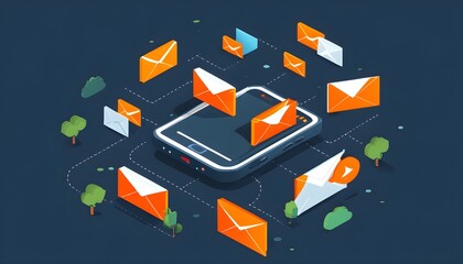 Wall Mural - Isometric illustration showcasing smartphone surrounded by multiple email envelopes, representing the essence of digital communication.