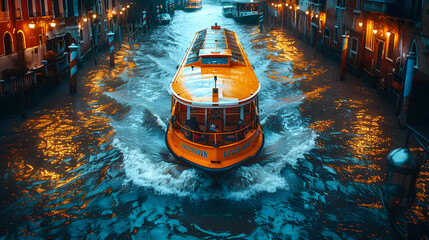 Wall Mural - Orange Boat Navigating a Narrow Canal at Night - Realistic Image