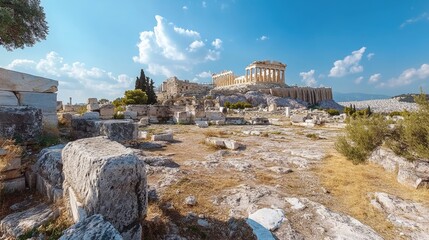 Empty Acropolis of Athens, Greece, with a clear view of the Parthenon and surrounding ancient ruins