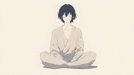 A minimalist anime character sits cross-legged on a simple, white background, with their eyes closed in a meditative pose.