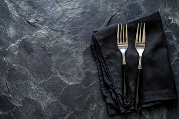 Wall Mural - Black Napkin. Empty Dark Stone Table Setting with Dinner Utensils