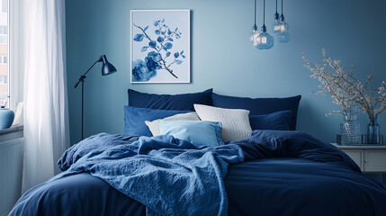 A bedroom designed with varying shades of blue, including navy bed linens, light blue walls, and blue decor accents for a calming effect