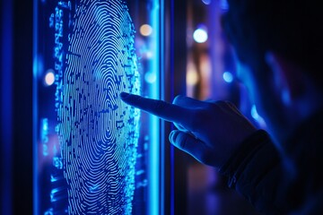 A person interacts with a vibrant blue digital fingerprint display in a modern tech lab during the evening hours