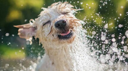 Wall Mural - Joyful Puppy Splashing in Water on Grassy Outdoor Background