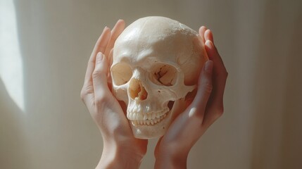 Two hands cradle a smooth skull from the sides, the bone glowing softly under even lighting on a minimal backdrop.