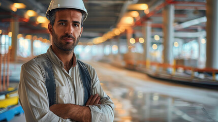 Wall Mural - A modern Arabic male construction engineer standing in the indoor go kart race track under construction. Generative AI.