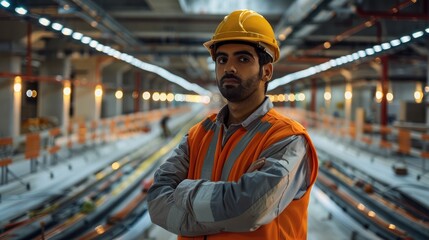 Wall Mural - A modern Arabic male construction engineer standing in the indoor go kart race track under construction. Generative AI.