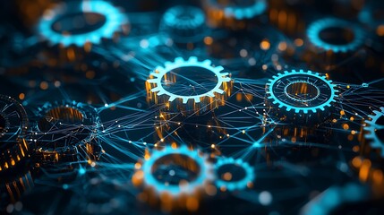 An abstract technology network with glowing cogwheels and lines, symbolizing connectivity and machinery.