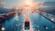 © visoot - A clean and automated container harbor, unmanned automated container ships in motion, clear skies and sparkling sea. Aerial high view. Generative AI.