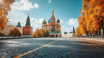 Lonely Red Square with an empty view of St. Basil's Cathedral and the Kremlin in Moscow, Russia