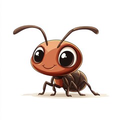 A cute cartoon ant with big eyes and a happy smile is depicted, ideal for educational materials, children's books, or playful website graphics,