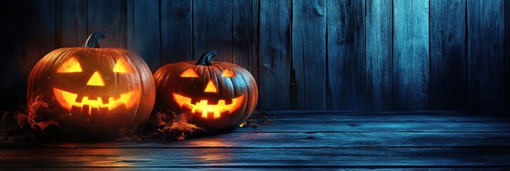 Wall Mural - Two Lit Jack-o'-Lanterns on a Wooden Plank Surface