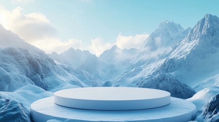 A large white circular platform surrounded by snow-covered mountains.