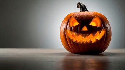 An isolated carved halloween pumpkin with glowing eyes and smile standing against a light white background. Fall season Samhain holiday Jack-o-Lantern spooky horror illustration.