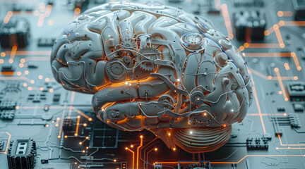 Poster - High-tech human brain combining human intelligence with machine learning, comprising mechanical cogs and electronic circuits. Generative AI.