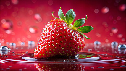 Wall Mural - A vibrant, fresh strawberry splashes in clear water, creating droplets that dance around it. The backdrop is a striking red, enhancing the fruit's color