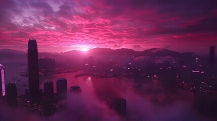 Wall Mural - Stunning urban skyline at sunset, featuring vibrant pink and purple hues over the cityscape.