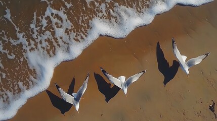 Three seagulls take flight above the shoreline, capturing the essence of freedom.